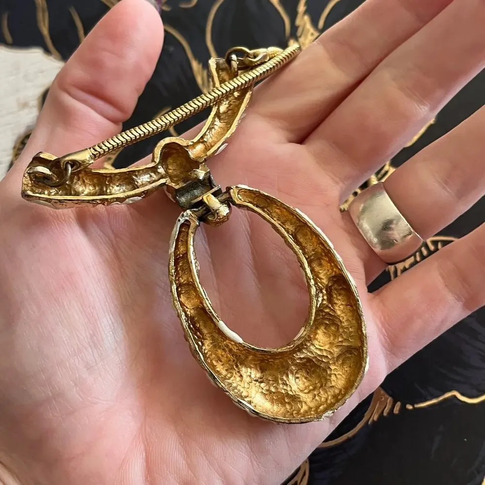 Vintage Golden Boho Pendant Necklace - Hammered Brutalist Style Painted White - Picture 2 of 7